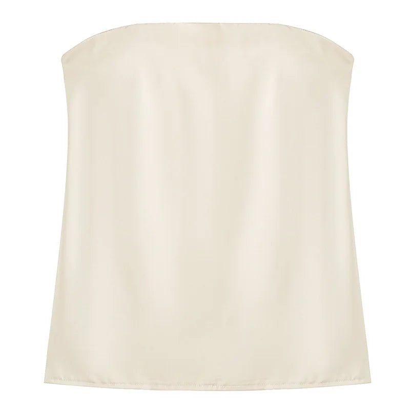 HXAO 2025 Off White Satin Pant Sets Women's Suit Off Shoulder Strapless Top Vest Set 2 Piece Woman Chic High Waist Trousers Sets
