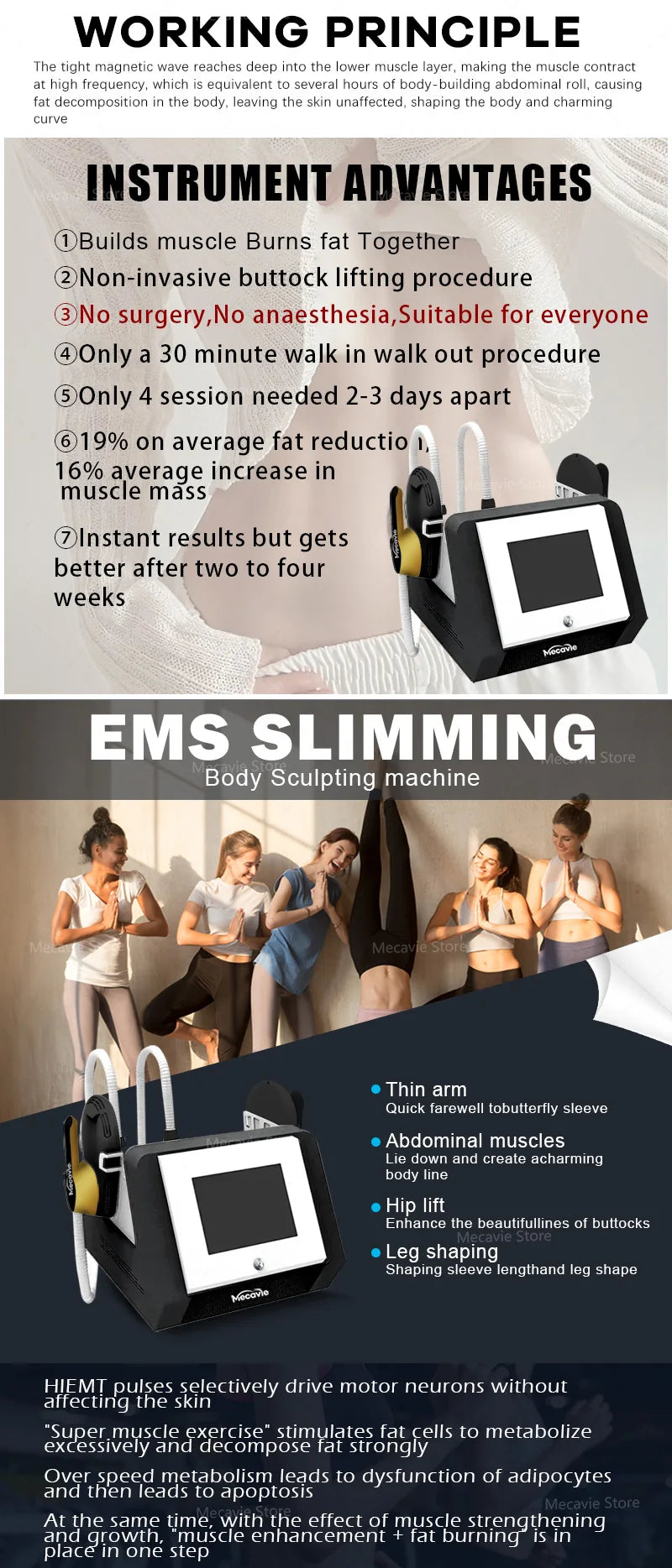 Mecavie Removal Excess Fat RF HIEMT 6500W Body Shaper Machine Professional Fat Removal Muscle Trainer Portable Slimming Home