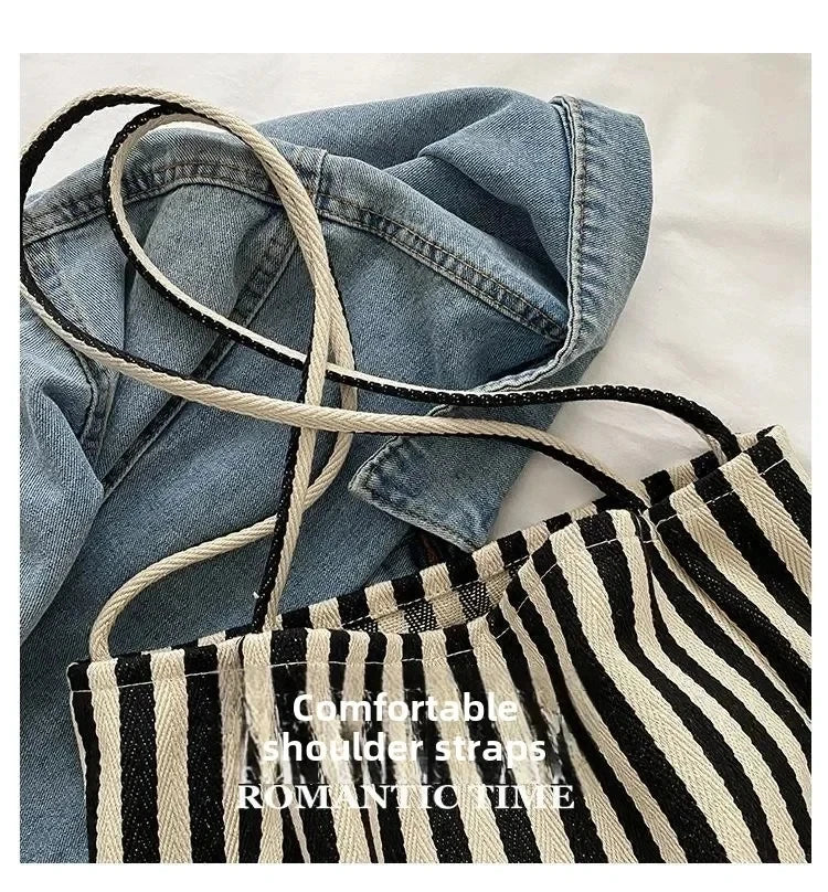 Female Casual Multifunctional Travel Top-handle Handbag Large Capacity Canvas Women Shopper Tote Simple Striped Shoulder Bag2025