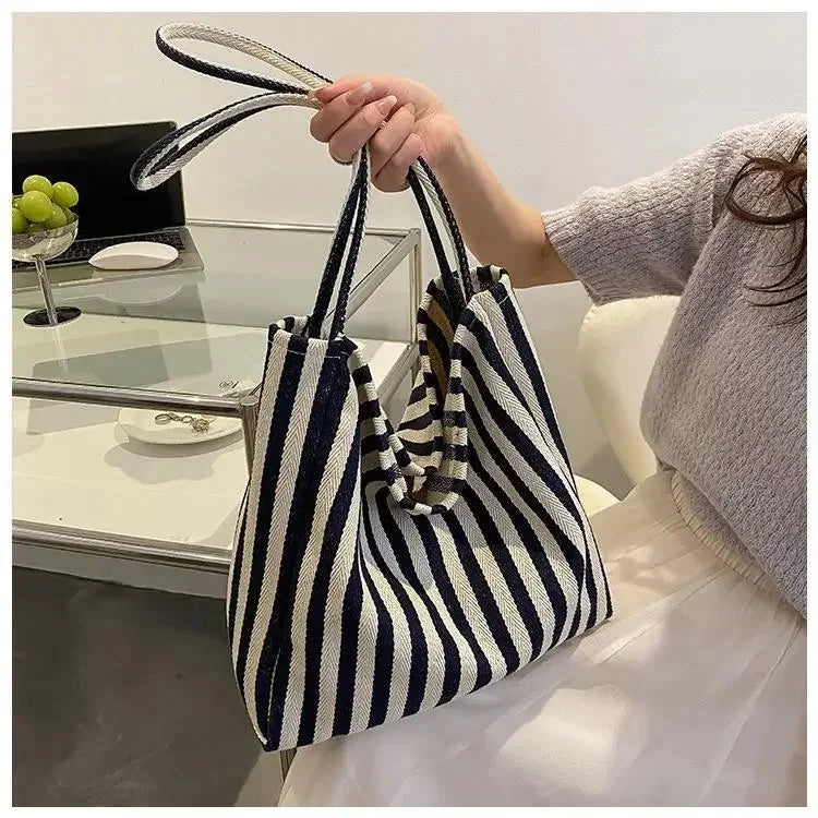Female Casual Multifunctional Travel Top-handle Handbag Large Capacity Canvas Women Shopper Tote Simple Striped Shoulder Bag2025