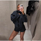 Fashion Navy Polka Dot Shorts Set For Women Casual Stand Collar Zipper Jacket & High Waist Shorts Lady 2026 Spring Chic Outfits