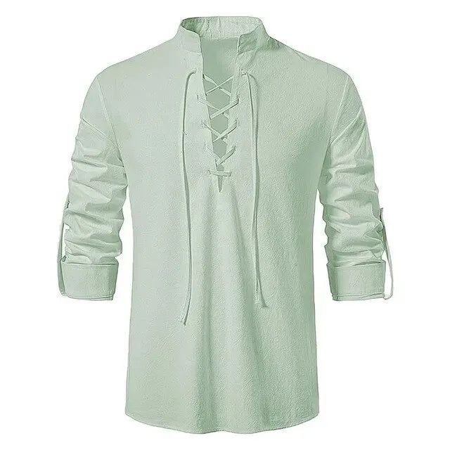 King Billion Men's Shirts Casual Men Cotton Linen Long Sleeve T-shirt Spring Autumn Vintage Shirt US Size Drawstring Neck