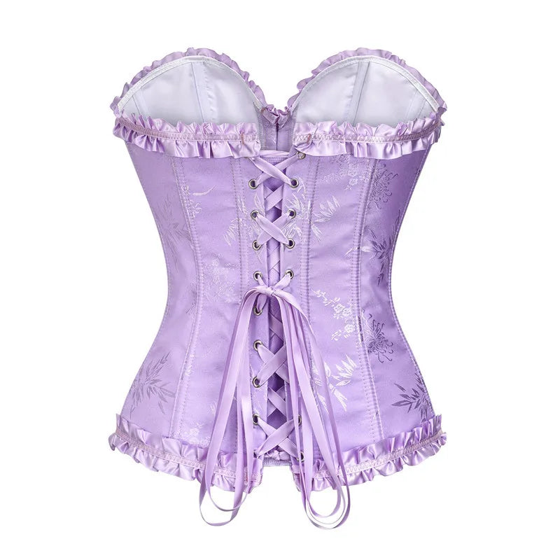 USA-Made Jacquard Ruffled Overbust Corset – Gothic Victorian Push-Up Bustier