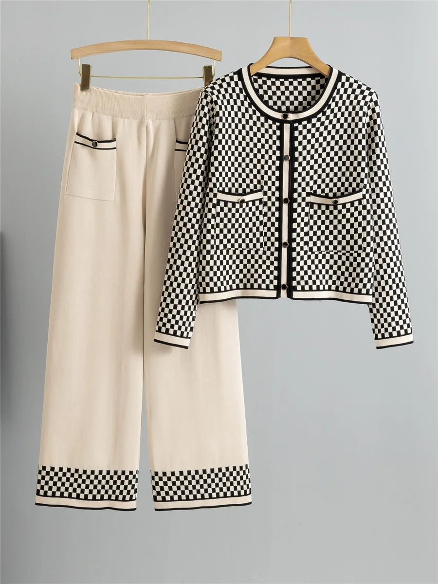 Women's Plaid Knit 2-Piece Set: Button-Down Cardigan & High-Waist Wide Leg Pants