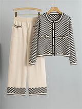 Women's Plaid Knit 2-Piece Set: Button-Down Cardigan & High-Waist Wide Leg Pants