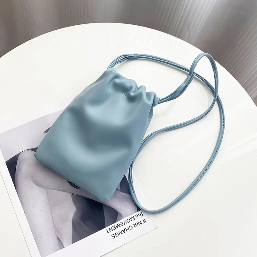 Portable Pu Leather Women Handbags Solid Flap Large Capacity Crossbody Bags Candy Color Mini Bucket Bag