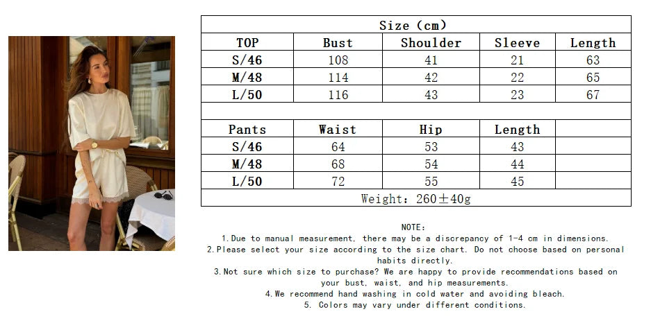 Hirsionsan Loose Sets Women Two Pieces Short Tops & Lace Patchwork Shorts Elegant Female High Quality Outfits Soft Tracksuit