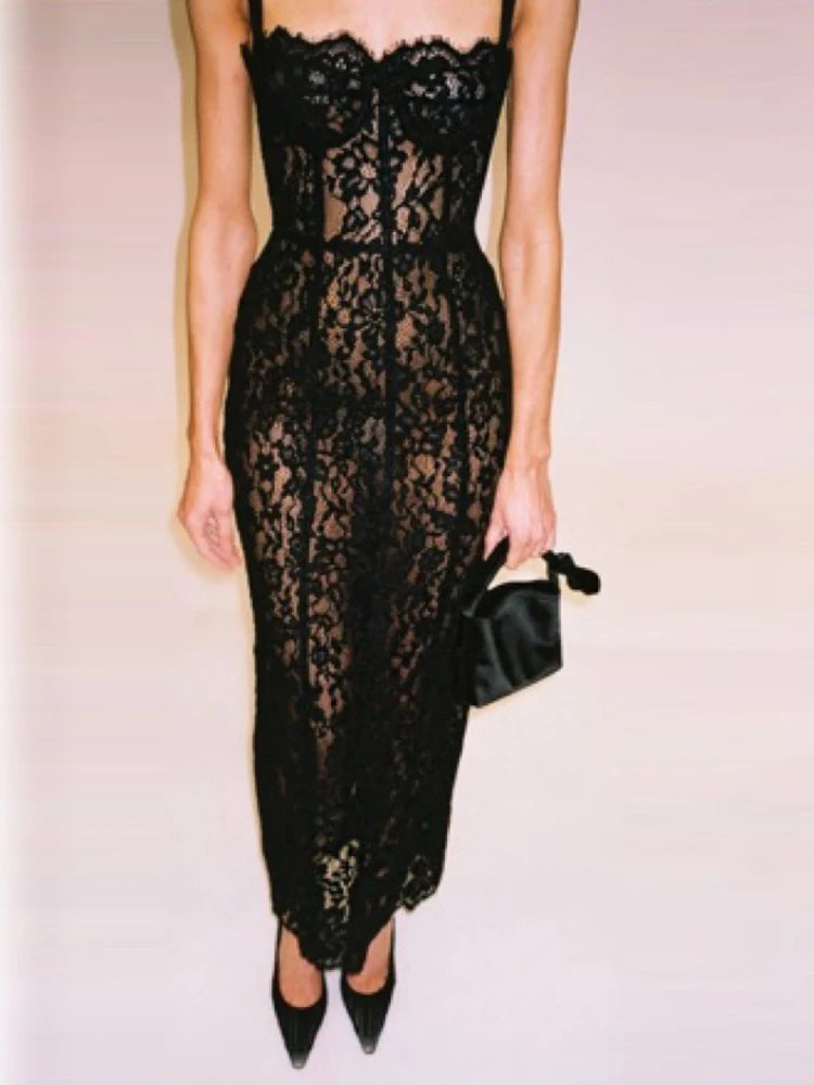 Elegant V-Neck Lace Maxi Dress