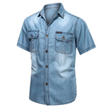 Vintage Street Denim Shirts For Men Male Summer Solid Shirt Short Sleeve Pocket Turn Down Button Shirt Hemden FüR MäNner