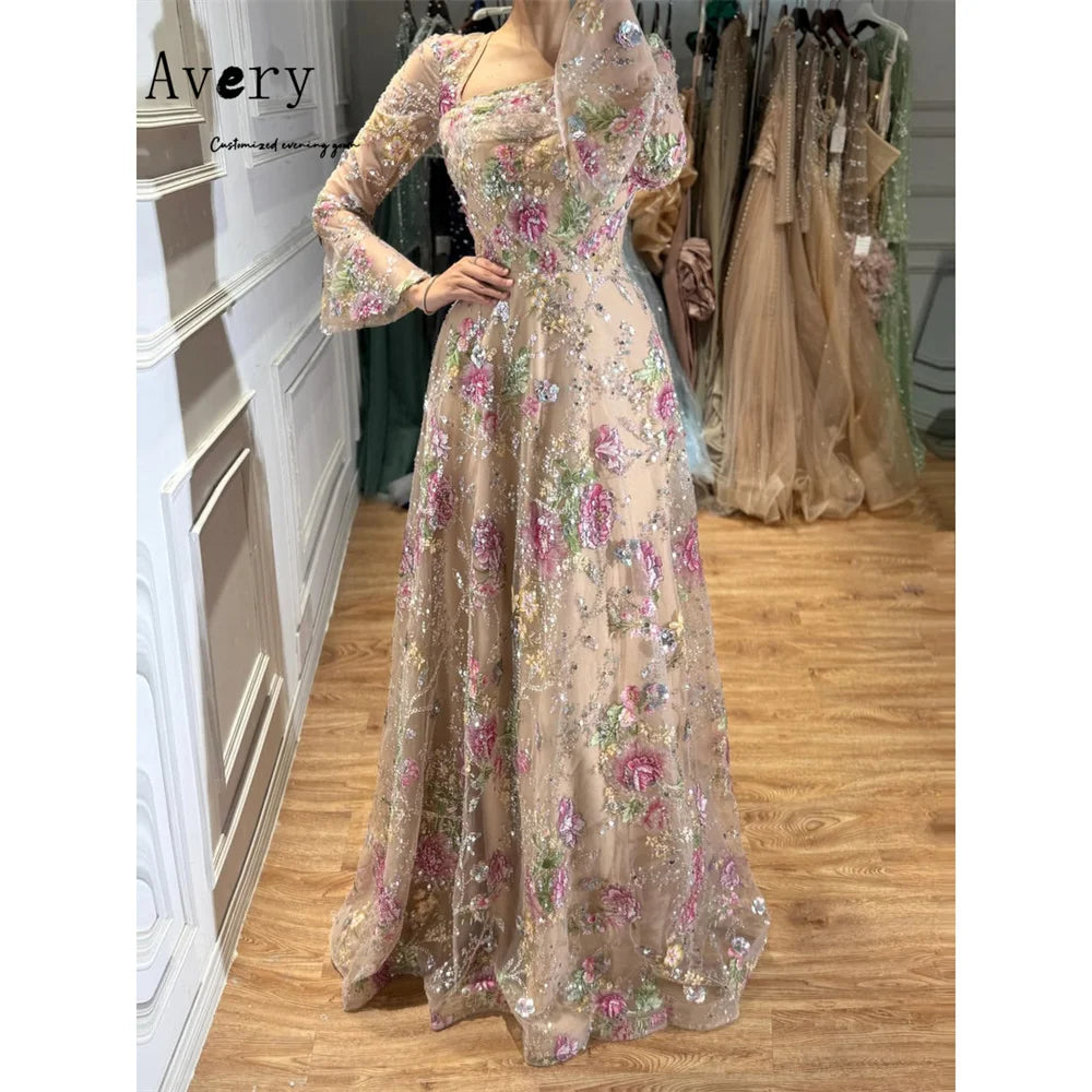 Avery Custom A-line Lace Long Sleeves Square Neck Women's Ball Gown Dresses for Luxury Party Formal Dress 2026 Woman Evening New