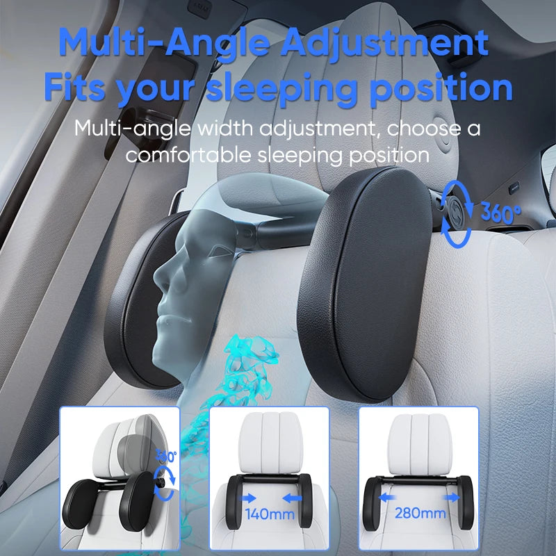 Ergonomic 360° Adjustable Auto Cervical Pillow with Memory Foam & Side Pads One-Click Sleep Headrest for Car