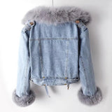 Winter Denim Jacket - Faux Fox Fur Collar & Rabbit Hair Lining Parka