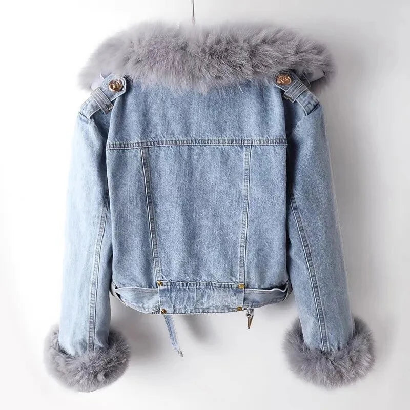 Winter Denim Jacket - Faux Fox Fur Collar & Rabbit Hair Lining Parka
