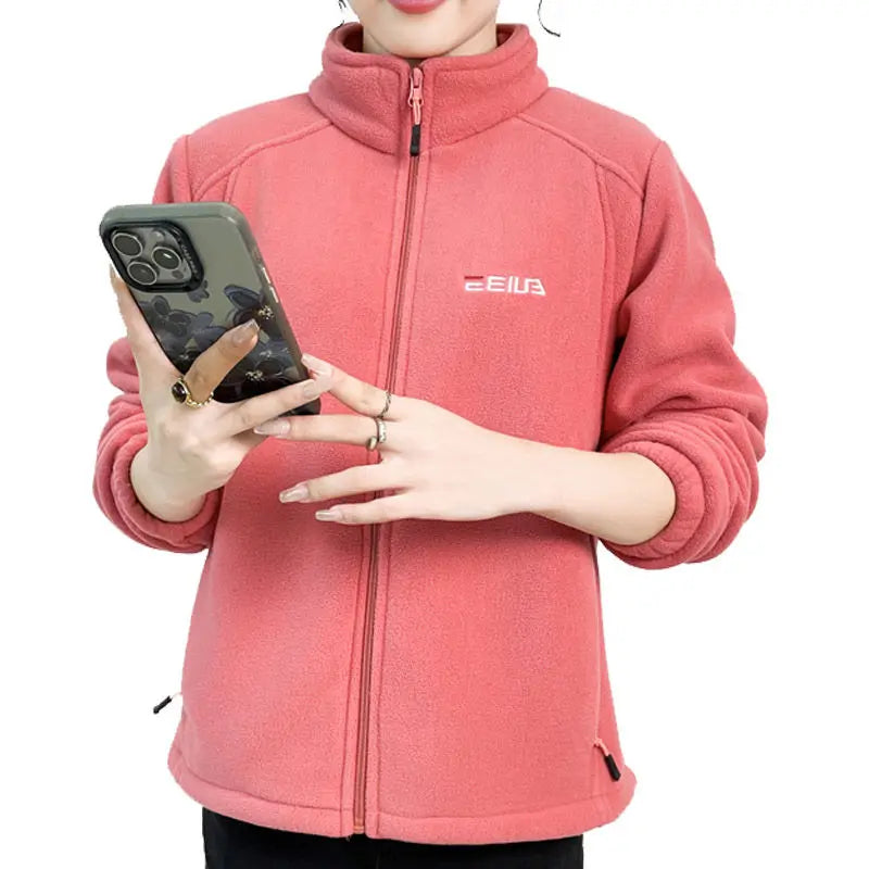 Women's Fleece Zip-Up Jacket with Embroidered Stand Collar