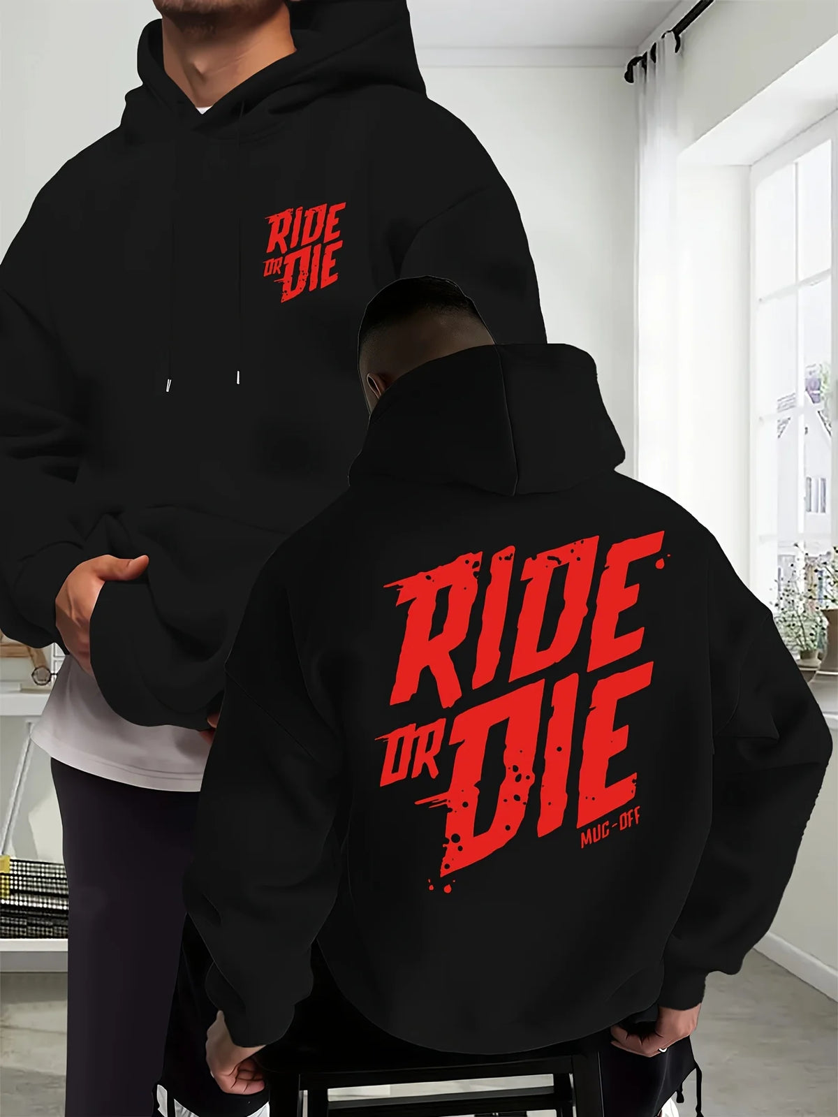 Men's Biker Hoodie Ride Or Die Letter Graphic Back Print Oversized Sweatshirt Motorcycle Streetwear Autumn Winter