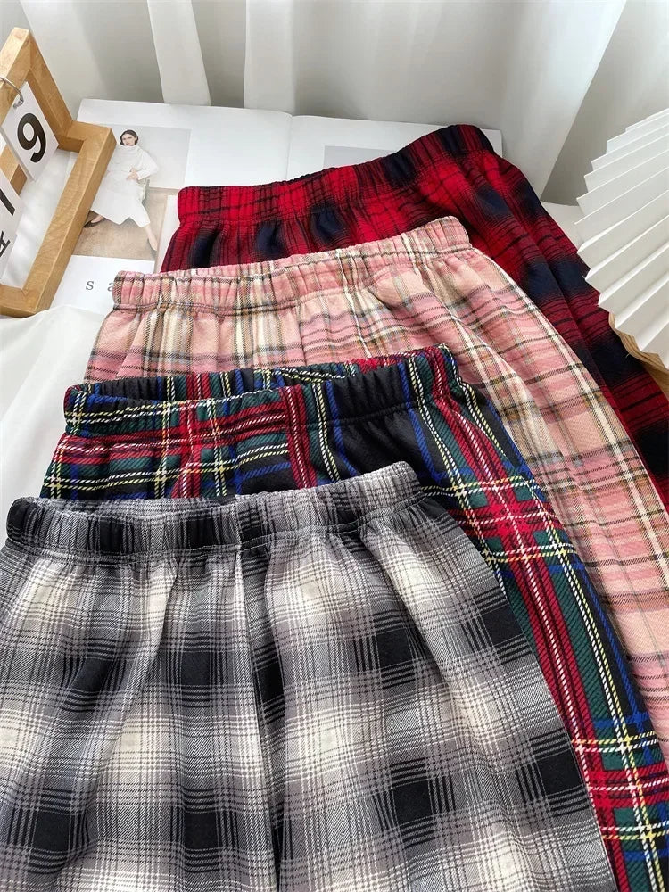 Plaid Plush Wide-Leg Trousers
