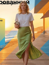 Women's Satin Midi Skirt – Elegant A-Line with Slit