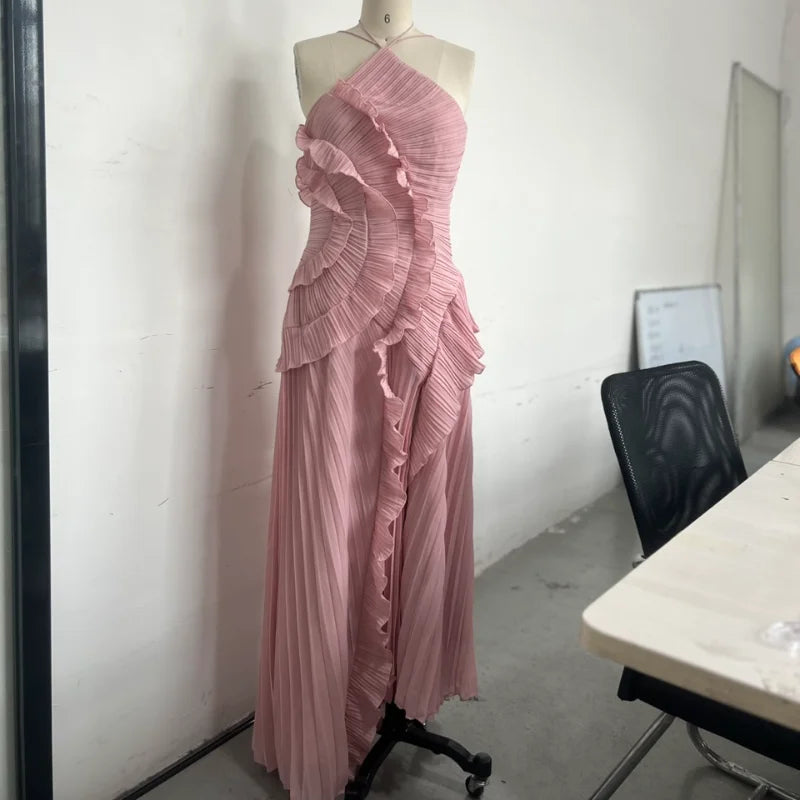 Elegant Lotus Edge Halter Maxi Dress