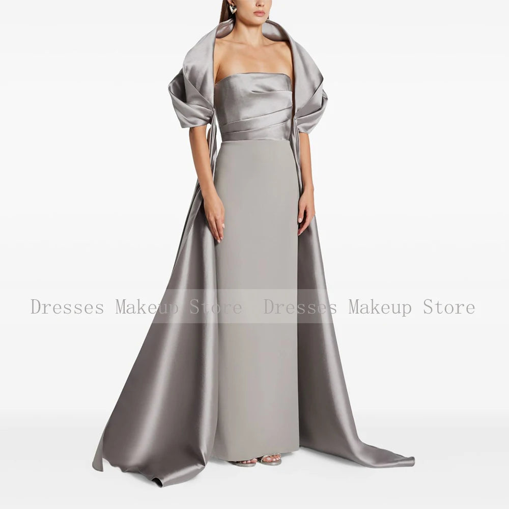 Modern Column Evening Dress with Wrap Satin Strapless Elegant Evening Gowns for Women Back Split Luxurious Formal Party Dresses