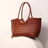 Leather woven bag, large-capacity women's tote bag, holiday leisure top layer cowhide shoulder bag, vegetable basket bag.