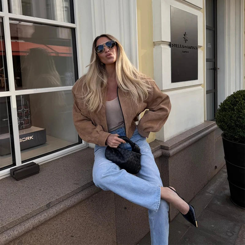 Vintage Suede Jacket For Women Long Sleeve Pocket Turn-down Collar Zipper Short Coat 2025 Autumn Winter Streetwear Lady Outwears
