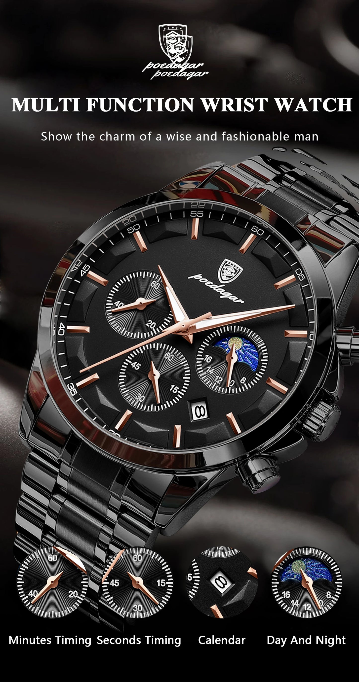 POEDAGAR 928 Men's Luxury Chronograph Watch | Luminous & Waterproof