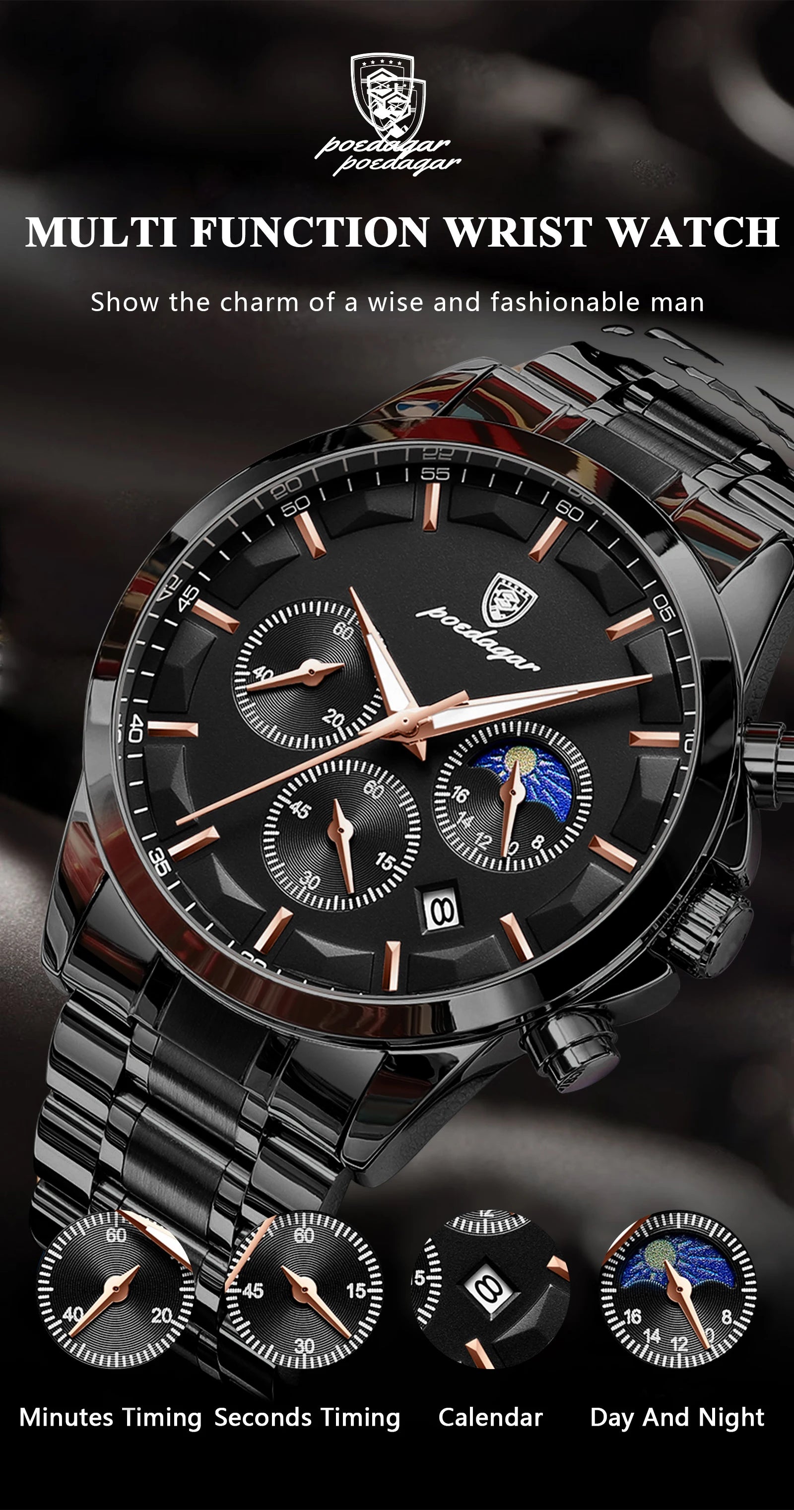 POEDAGAR 928 Men's Luxury Chronograph Watch | Luminous & Waterproof