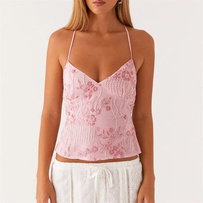 Y2K Sequin & Pearl Halter Crop Top