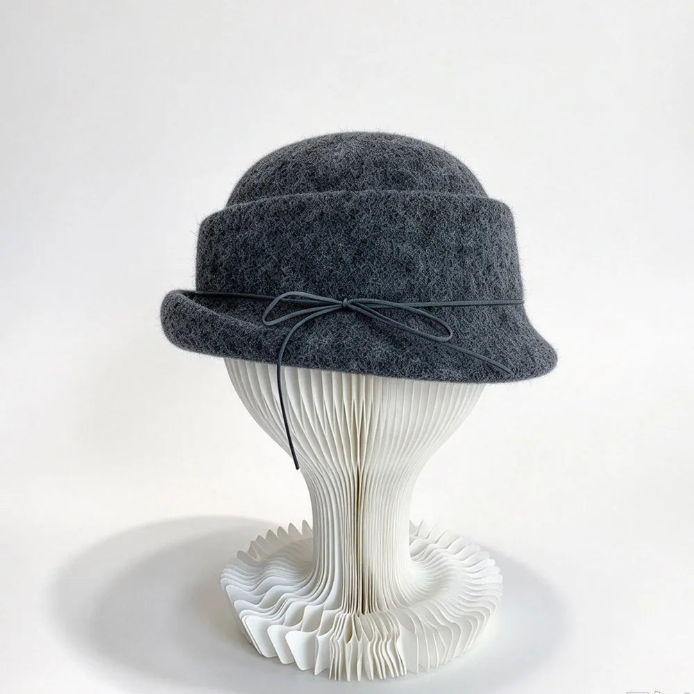 Women's Bow Cloche Hat with Roll-Up Brim