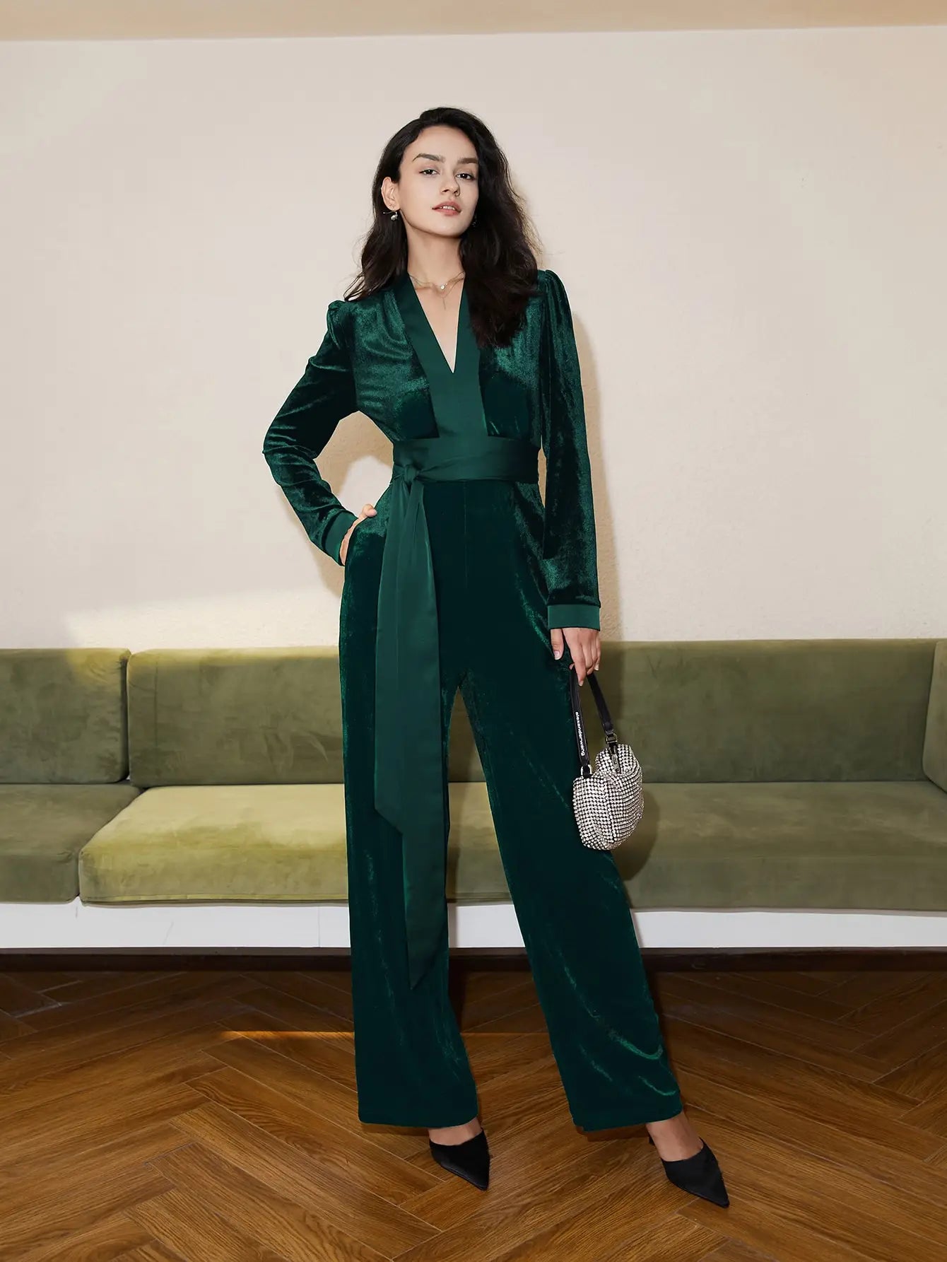 Elegant V-Neck Belted Velvet Jumpsuit – High-End Office & Evening Wear