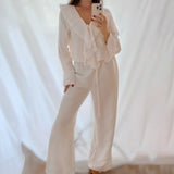 Linad Casual Loose Apricot Outfits Fashion Ruffles Flare Sleeve Blouse With High Waist Pant 2 Piece Sets Summer Long Pants Suits