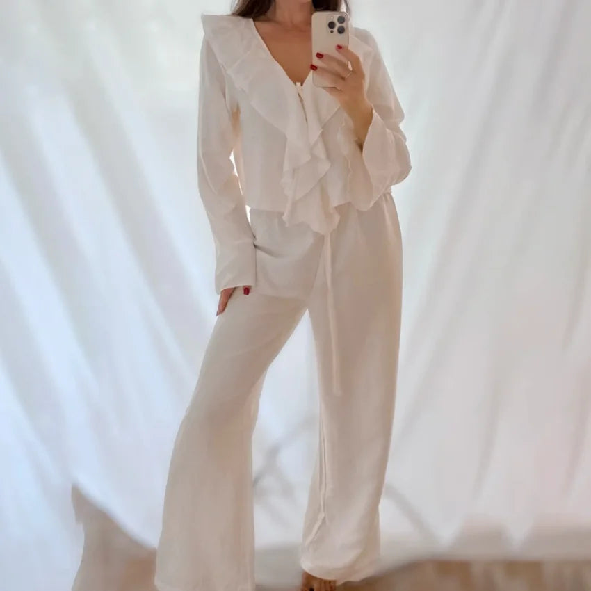 Linad Casual Loose Apricot Outfits Fashion Ruffles Flare Sleeve Blouse With High Waist Pant 2 Piece Sets Summer Long Pants Suits