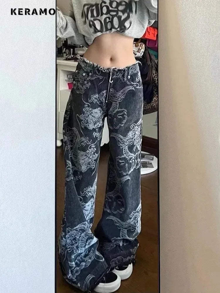 Y2K Dragon Print Baggy High-Waist Denim Jeans for Women