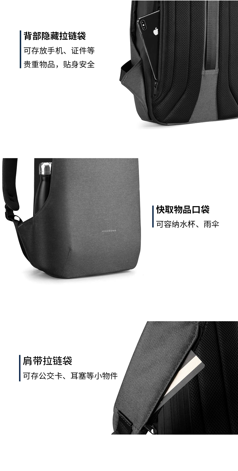 Kingsons  Anti-theft Men Backpack 180 Degree Open USB Charging Laptop Backpack 15.6 inch School Bags for Teenage Boys