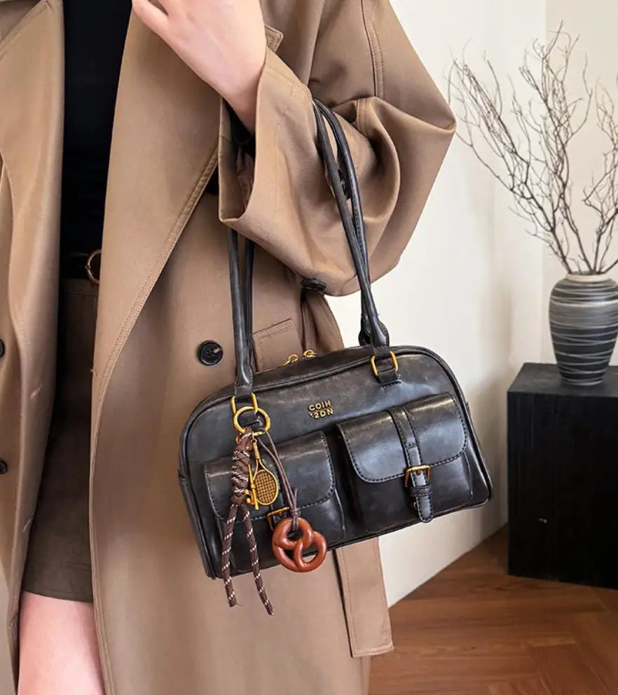 Women’s Coffee Brown Multi-Pocket Shoulder Bag | Vintage PU Leather Crossbody