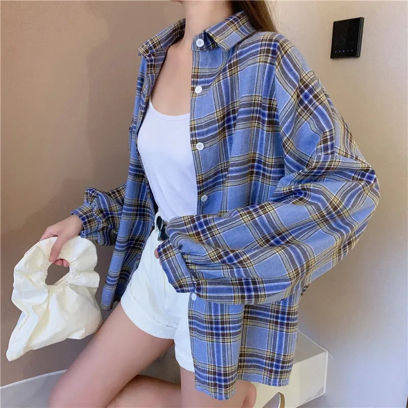 Vintage Plaid Long-Sleeve Blouse