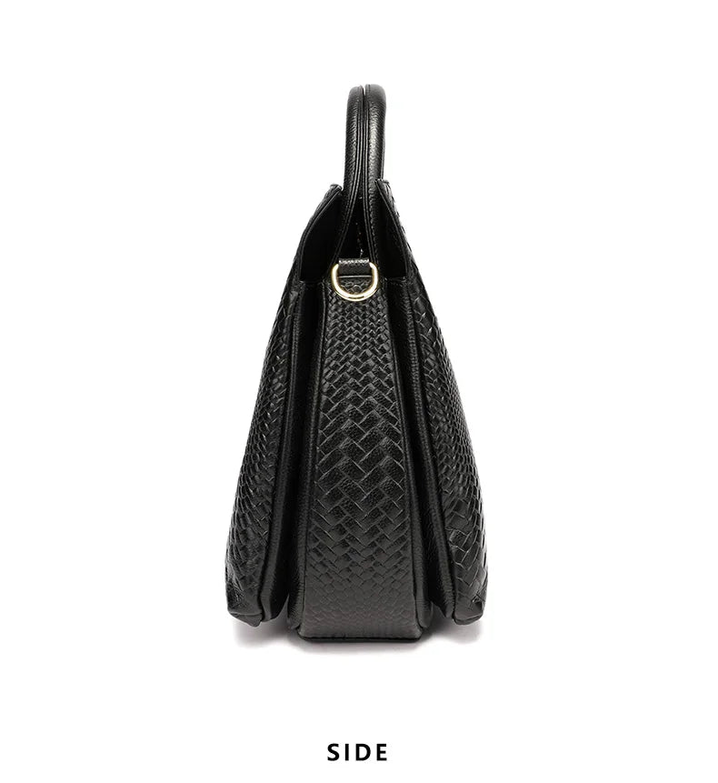 Fashionable and luxurious woven pattern casual versatile black woven pattern daily commuting cowhide women's handbag