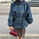 Vintage Plaid Oversized Hoodie Jacket for Women