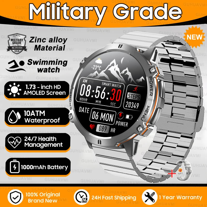 2025 New 1000mAh Battery Sports SmartWatch 1.73" AMOLED Screen 10ATM Waterproof Compass Altimeter Military T-Rex3 Smartwatch Men