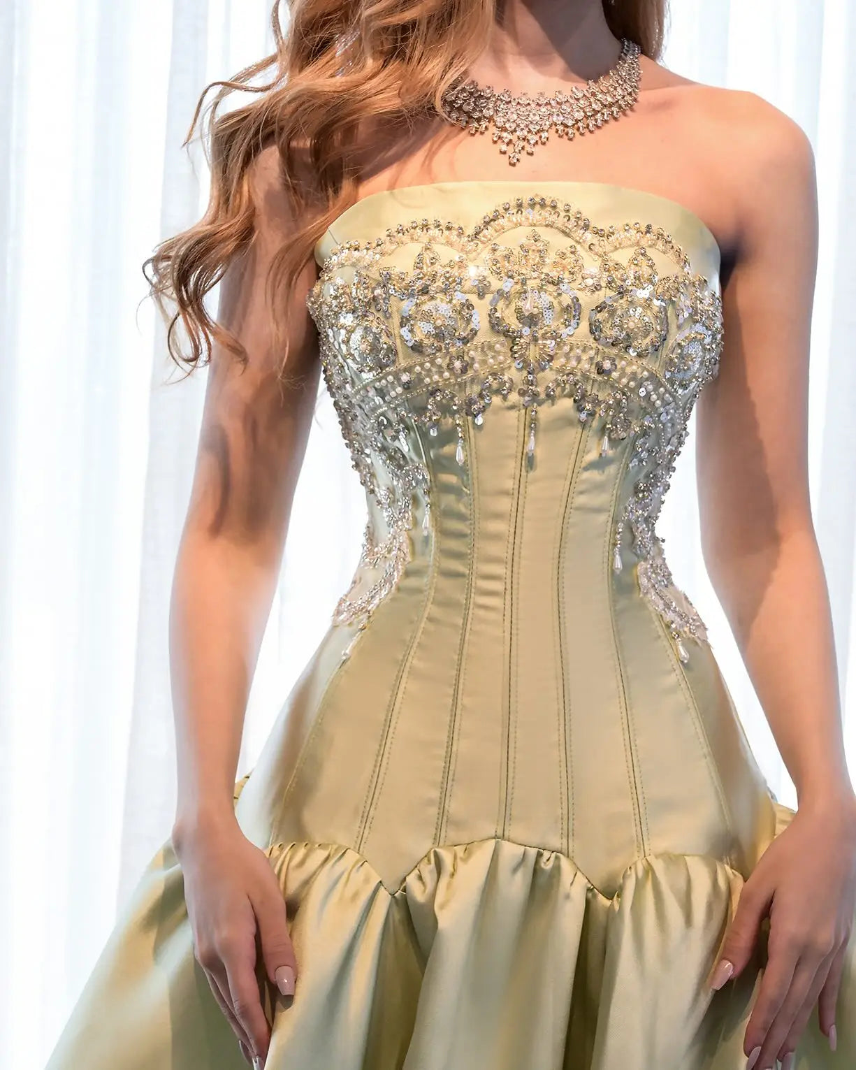 Champagne Gold Strapless Mermaid Evening Gown – Beaded Corset