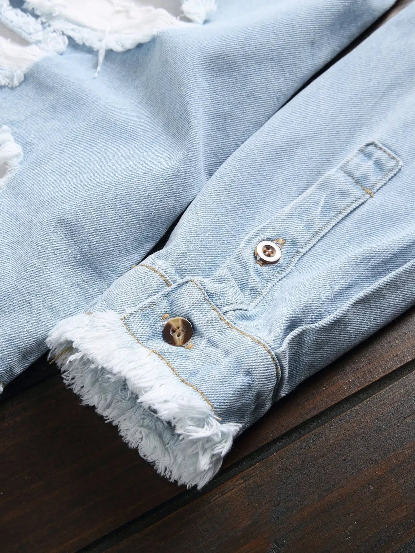 Men's Light Blue Ripped Distressed Washed Denim Long - Sleeve Shirt for Spring and Autumn