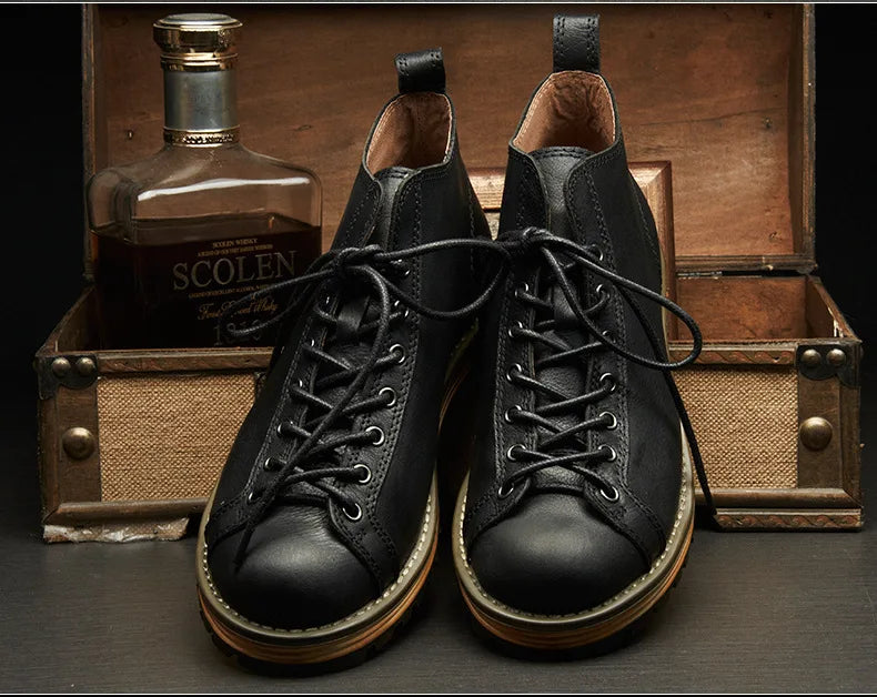 KOWM Hiking shoes men's walking boots British thick soled cowhide high top motorcycle boots ankle sneakers  casual trekking shoe