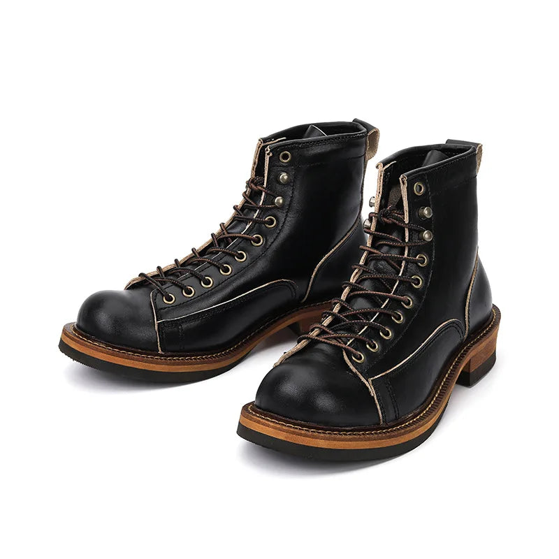 KOWM Hiking shoes men's walking boots British thick soled cowhide high top motorcycle boots ankle sneakers  casual trekking shoe