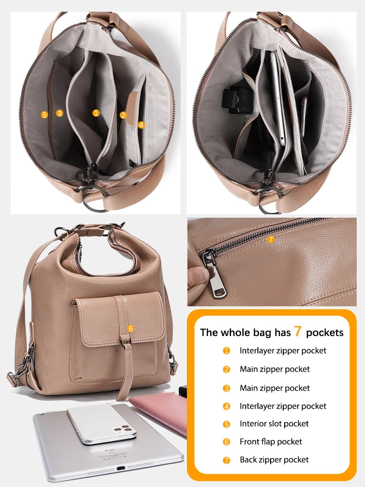 Zency Stylish Women Shoulder Bag 100% Genuine Leather Large Capacity Handbag Multifunction Satchel Bag Backpack Brown 2 in 1 Bag