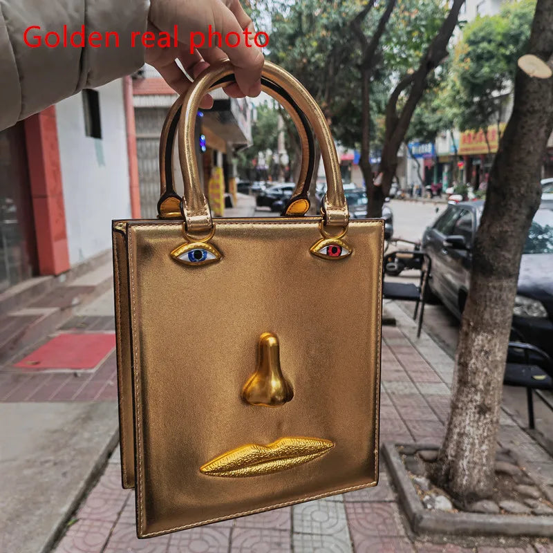 Face Bag Women High Quality Black Leather Luxury Brands Handbag Jewelry Eyes Gold-tone Metal Shoulder Strap Crossbody Bags