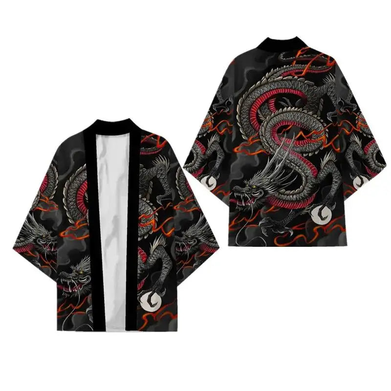 Men's Dragon Print Kimono Cardigan — Oversized Haori Yukata Shirt