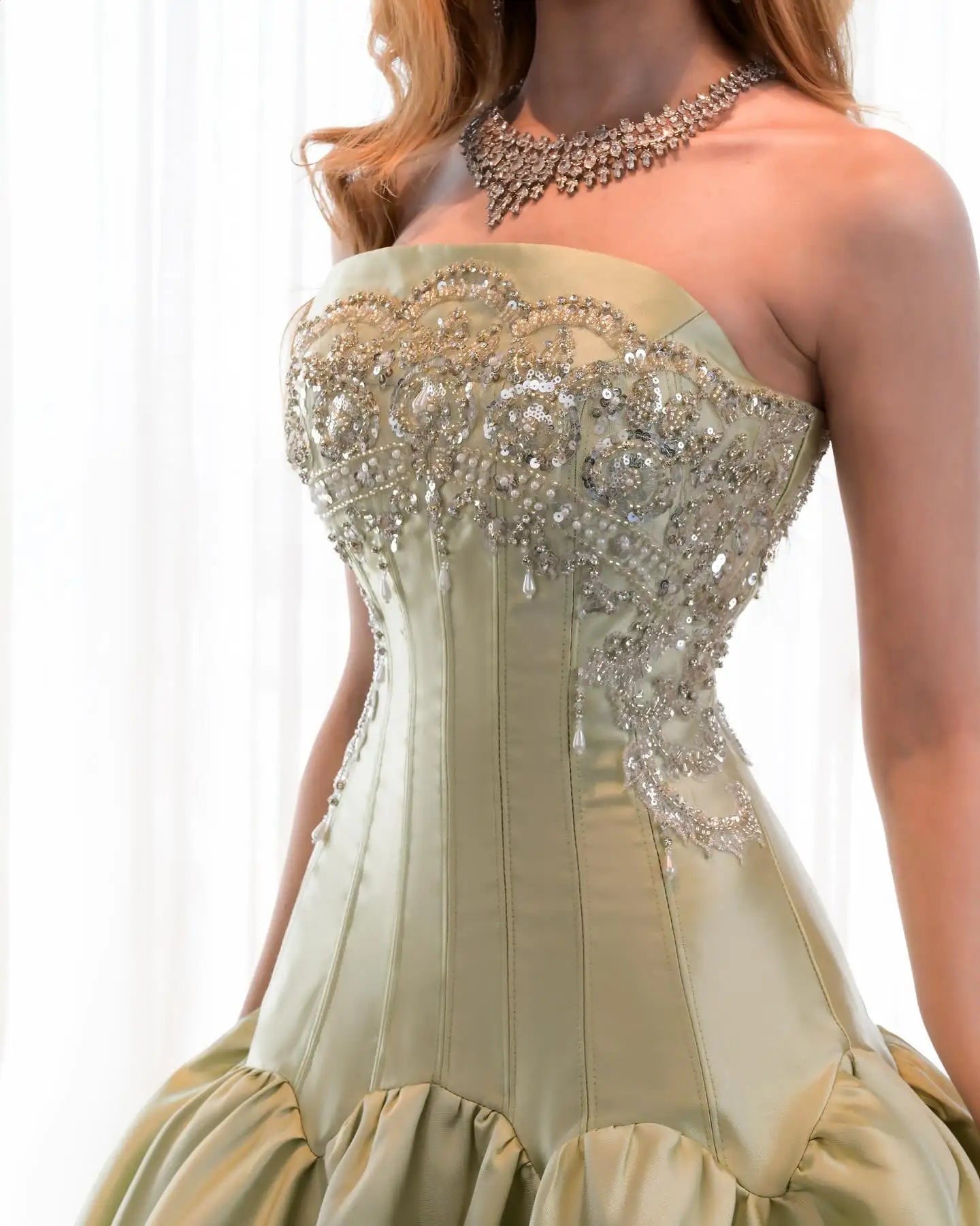 Champagne Gold Strapless Mermaid Evening Gown – Beaded Corset