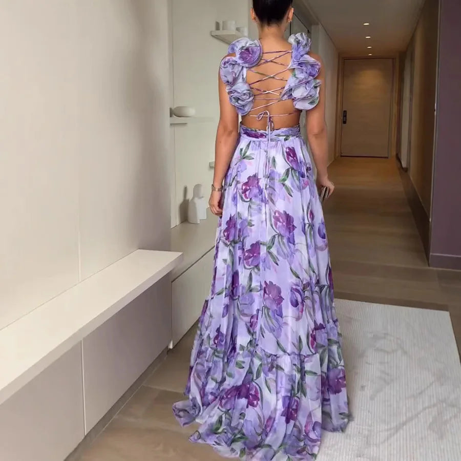 Elegant V-Neck Floral Silk-Laminate Maxi Dress – Summer 2025 Edition