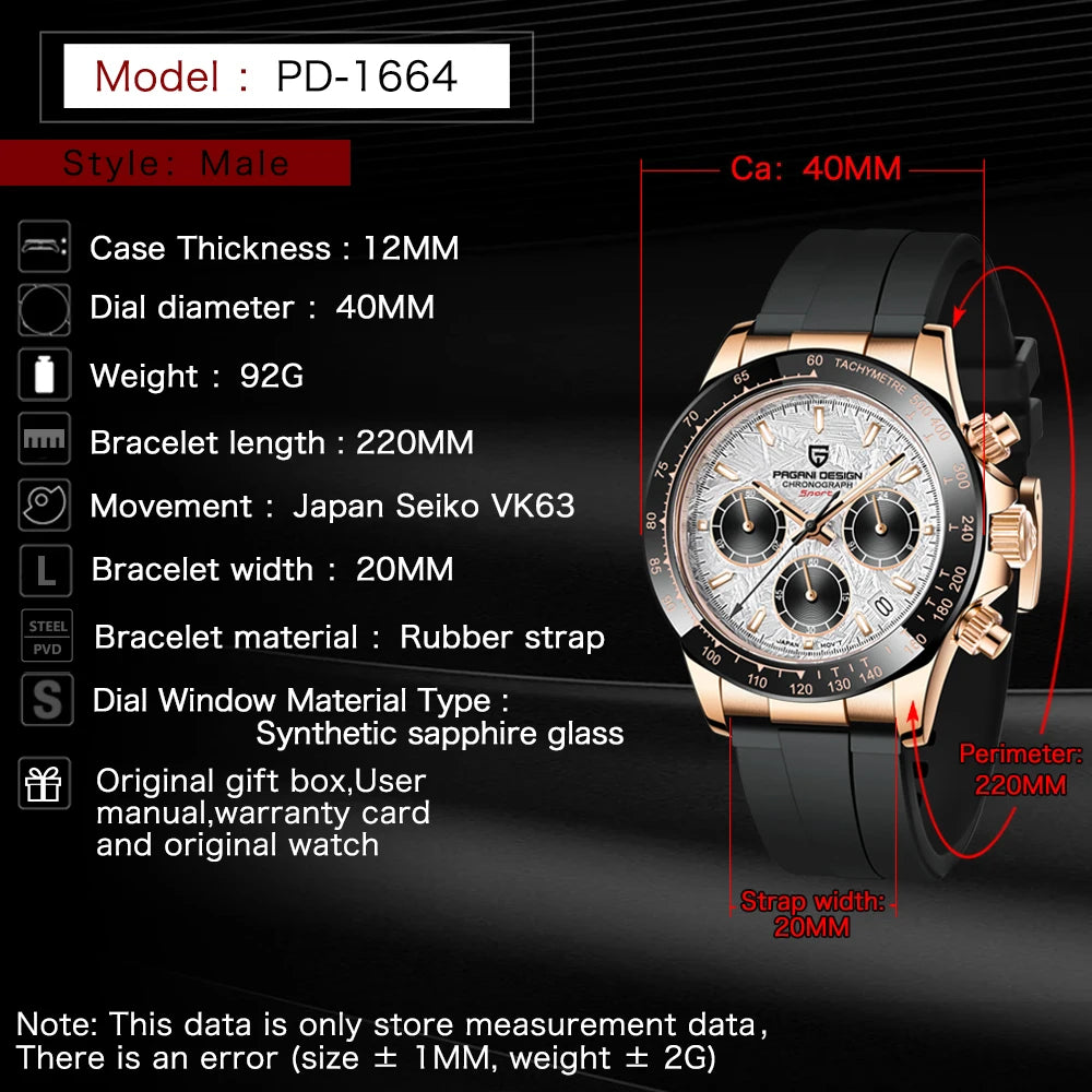 V2 PAGANI DESIGN 40MM Men's Quartz Watch Luxury Sapphire Stainless Steel 100m Waterproof Multi functional Men's Timing Watch