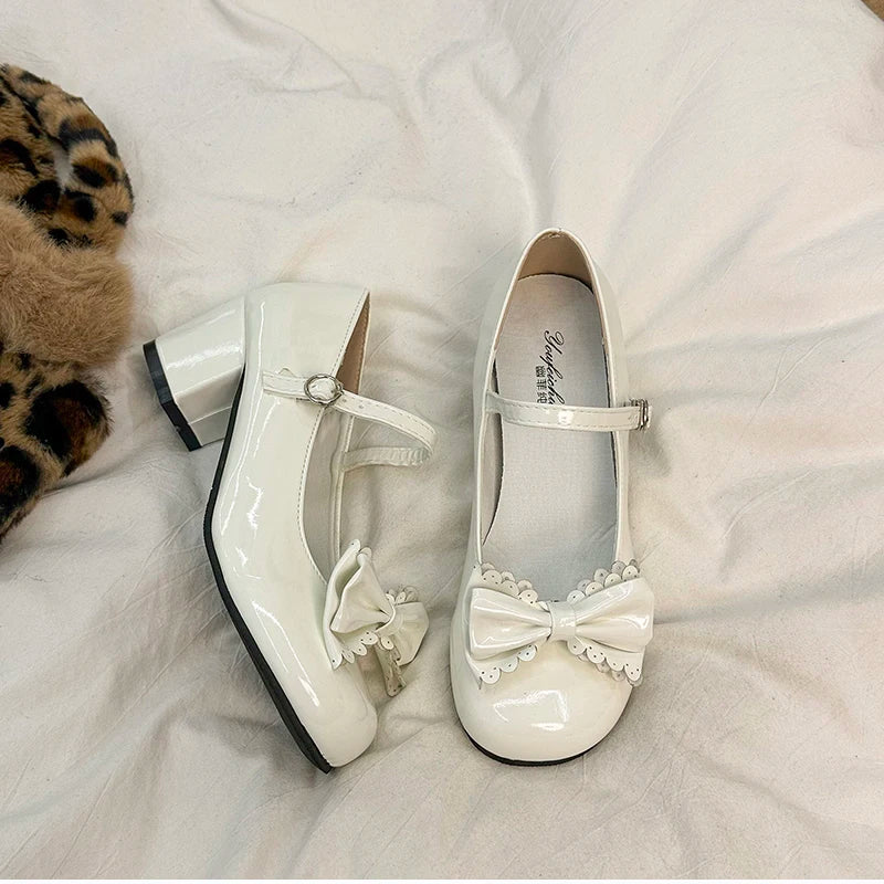 Cute Butterfly-knot Women Lolita Mary Jane Shoes Concise Thick Heel Leather Shoes Ladies Shallow Pumps